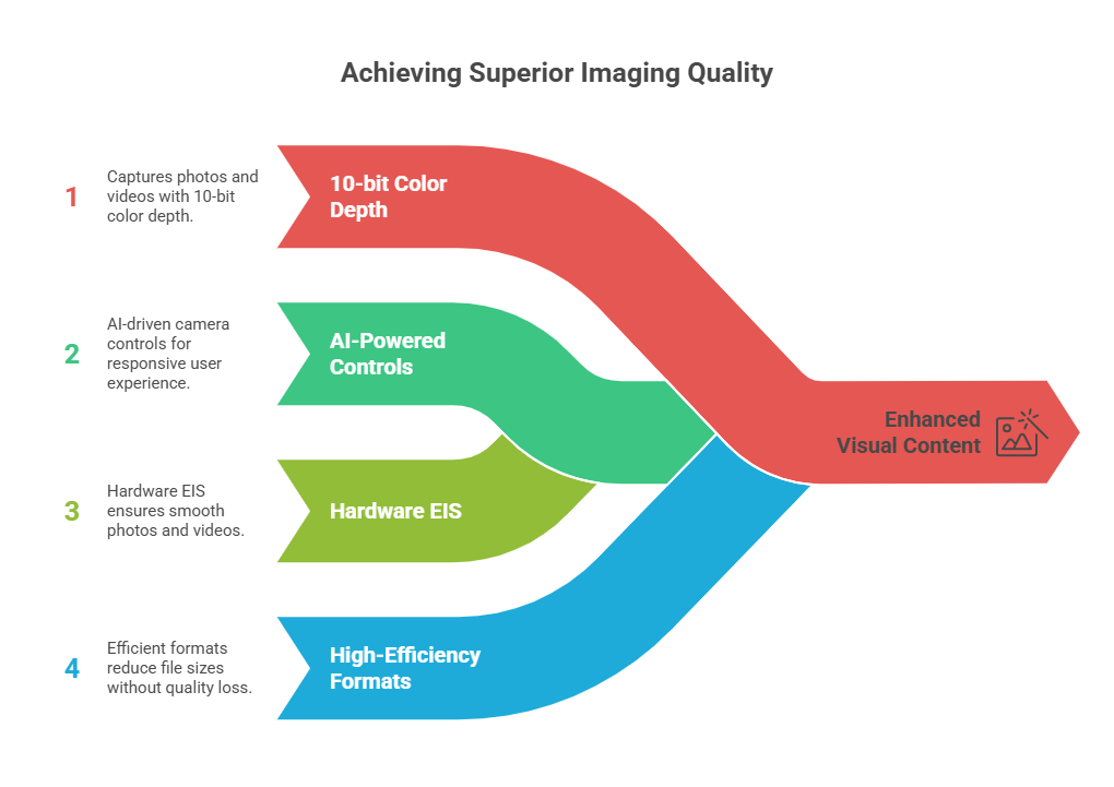 Infographic illustrating how 10-bit color depth, AI-Powered Controls, Hardware EIS, and High-Efficiency Formats combine to achieve superior imaging quality with the Snapdragon 7 Gen 4 ISP.