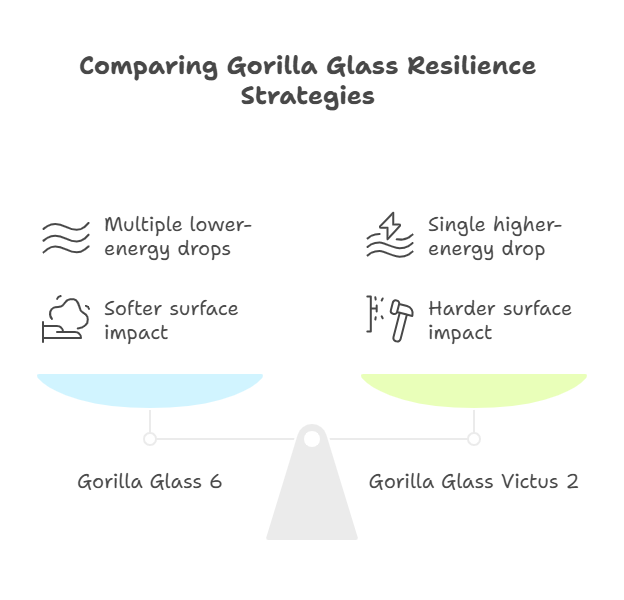 Infographic comparing Gorilla Glass 6 and Victus 2 resilience strategies