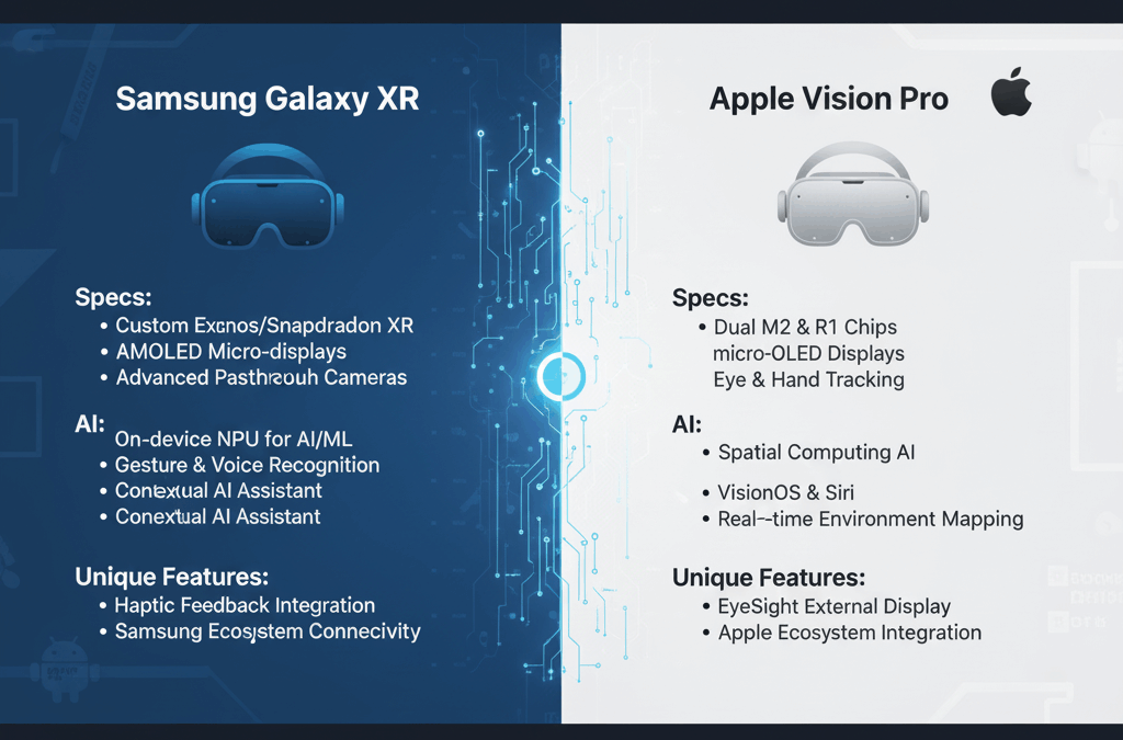 create an image in 169 format with title 'Samsung Galaxy XR Specs, AI, & Vision Pro Specs Comparison' Innovative & Contextual Design