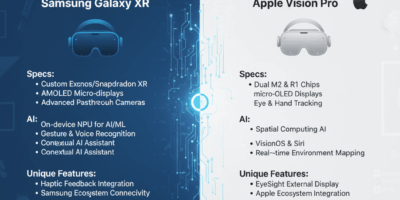 create an image in 169 format with title 'Samsung Galaxy XR Specs, AI, & Vision Pro Specs Comparison' Innovative & Contextual Design