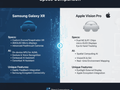 create an image in 169 format with title 'Samsung Galaxy XR Specs, AI, & Vision Pro Specs Comparison' Innovative & Contextual Design
