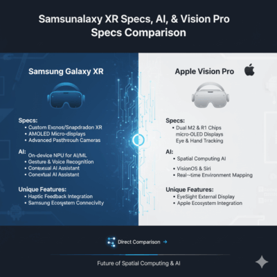 create an image in 169 format with title 'Samsung Galaxy XR Specs, AI, & Vision Pro Specs Comparison' Innovative & Contextual Design