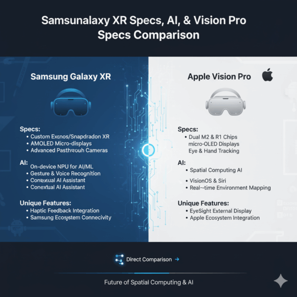 create an image in 169 format with title 'Samsung Galaxy XR Specs, AI, & Vision Pro Specs Comparison' Innovative & Contextual Design