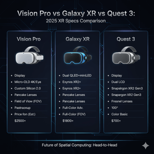 Vision Pro vs Galaxy XR vs Quest 3 2025 XR Specs Comparison