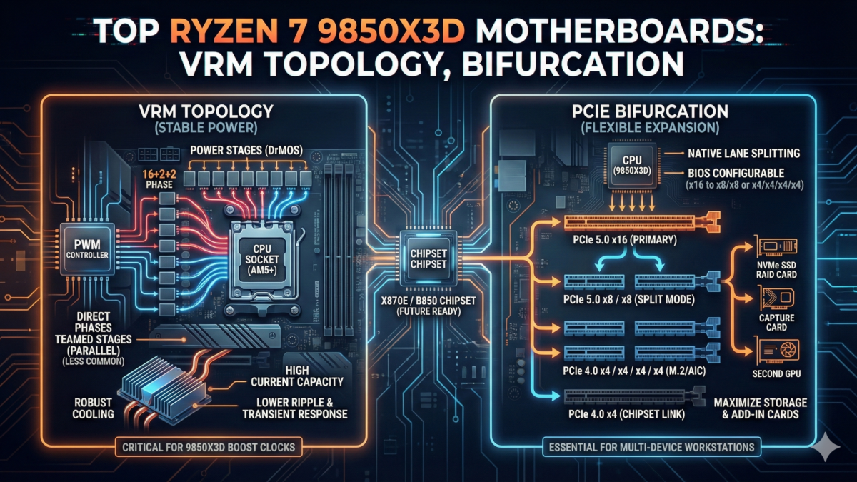 Top Ryzen 7 9850X3D Motherboards VRM Topology, Bifurcation