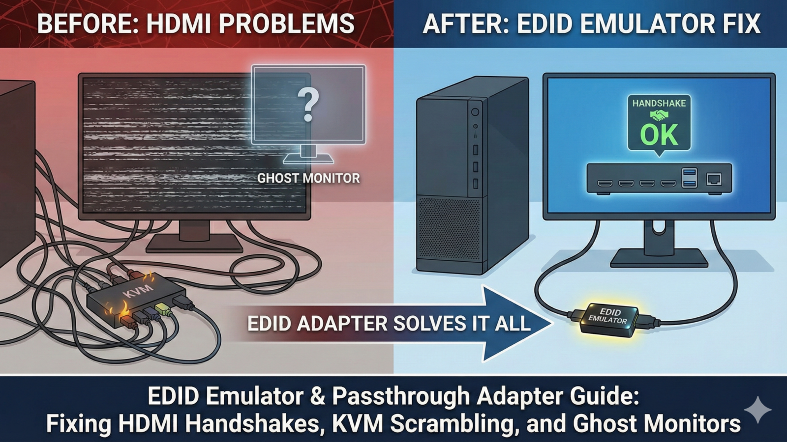 EDID Emulator & Passthrough Adapter Guide Fixing HDMI Handshakes, KVM Scrambling, and Ghost Monitors