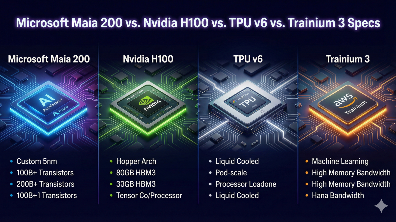 Microsoft Maia 200 vs. Nvidia H100 vs. TPU v6 vs. Trainium 3 Specs